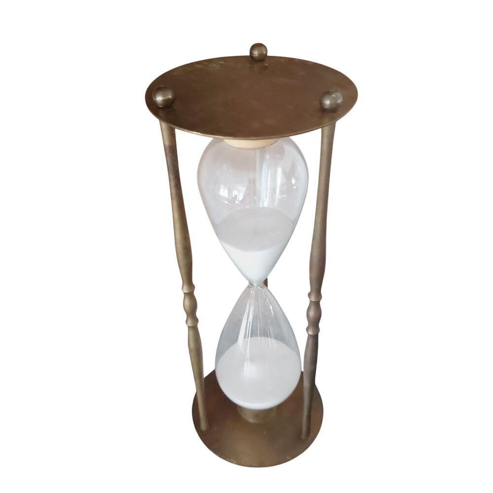 Vintage Brass Hourglass Sand Timer White Sand 10.5" Collectible Mid-Century